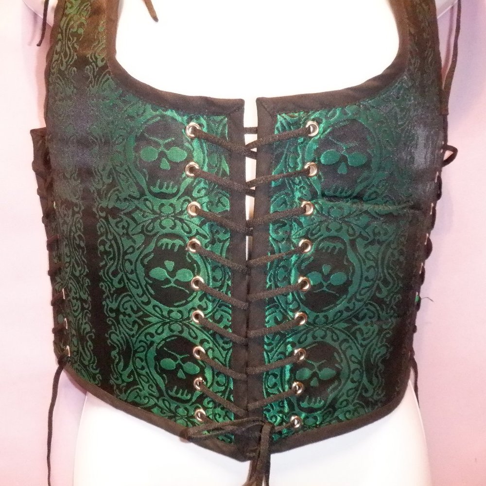 Renaissance Faire Festival Lace Up Green/Black Skull Print Corset Bustier Vest
